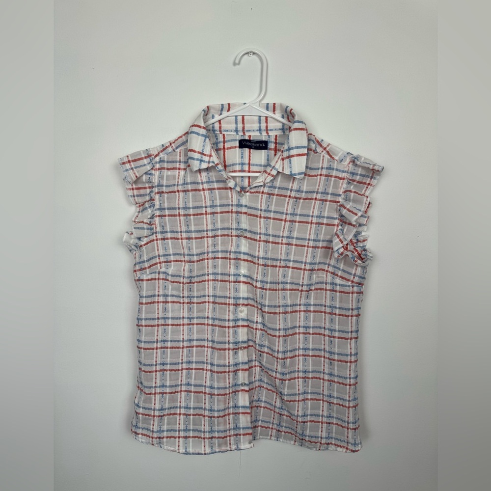 Plaid Ruffle Sleeve Button Front Blouse Size L